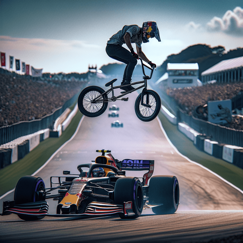 Red Bull Ultrapassa Limites com Espetacular Salto de Bicicleta por Sobre F1 em Movimento